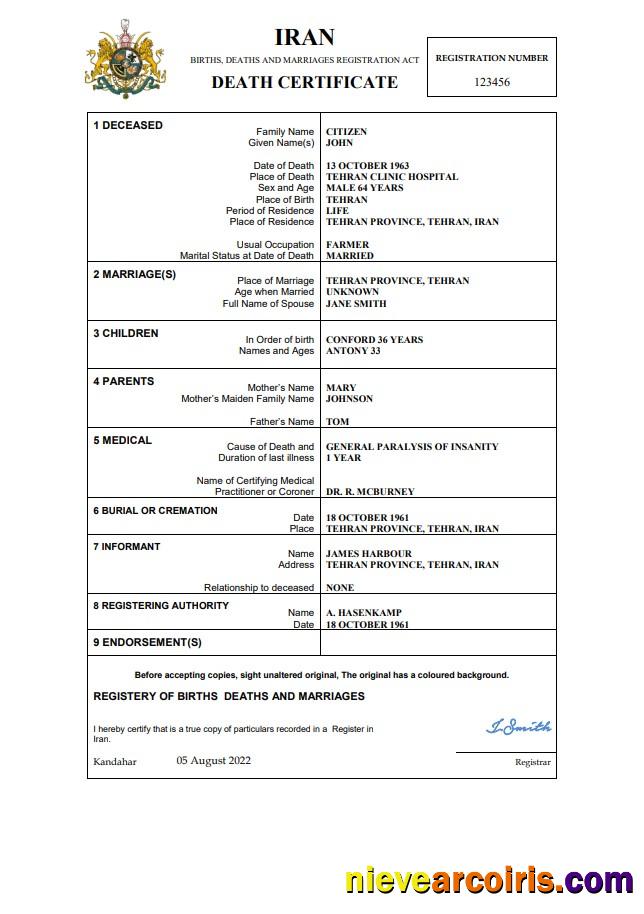 Iran death certificate